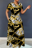 Black Graphic Print V Neck Short Sleeve Floor Length Casual Outing Loose Fit Maxi Dresses