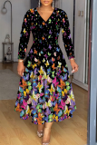 Pink Floral Print V Neck Long Sleeve A Line Fitted Summer Outings Maxi Dresses