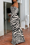 Black Zebra Print Off Shoulder Long Sleeve Casual Outings Bodycon Maxi Dress
