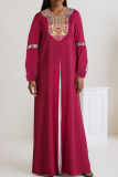 Dark Blue Embroidery V Neck Long Sleeve  A Line Plus Size Cultural Gatherings Flowy Loose Kaftan Maxi Dress