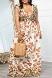 Brown Sexy Casual V Neck Leaf Print Backless Belted Tie-back Ruffled Trim Vacation Long Maxi Tank Dresses