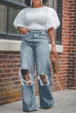 Blue Casual Solid Color Ripped High Waist Loose Straight Denim Jeans