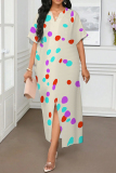 White Red Graphic Print V Neck Half Sleeve Front Slit Casual Outings Summer Loose Maxi Dresses