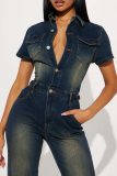 Dark Blue Shirt Collar Short Sleeve Buttton-Down Skinny Distressed Denim Jumpsuit