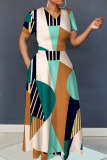 Black Graphic Print V Neck Short Sleeve Floor Length Casual Outing Loose Fit Maxi Dresses