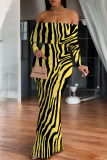 Black Zebra Print Off Shoulder Long Sleeve Casual Outings Bodycon Maxi Dress