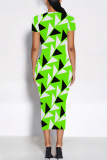 Blue Purple Colorblock Flowers Print O Neck Short Sleeve Casual Outings Bodycon T Shirt Maxi Dress