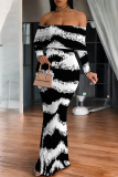 Black Zebra Print Off Shoulder Long Sleeve Casual Outings Bodycon Maxi Dress