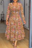 Pink Floral Print V Neck Long Sleeve A Line Fitted Summer Outings Maxi Dresses