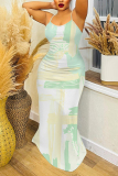 Lake Blue Graphic Print Off Shoulder Sleeveless Backless Spaghetti Strap Casual Vacation Maxi Slip Dresses