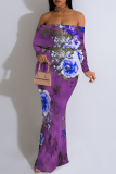 Purple Geometric Flowers Print Off Shoulder Long Sleeve Casual Outings Bodycon Maxi Dress