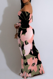 Purple Geometric Flowers Print Off Shoulder Long Sleeve Casual Outings Bodycon Maxi Dress