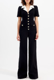 Black with White Patchwork Turndown Collar Short Sleeve Button-Down Office Lady Wige Leg Jumpsuit