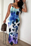 Blue Off Shoulder Sleeveless Backless Spaghetti Strap Casual Daily Bodycon Maxi Slip Dresses
