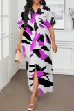 Blue V Neck Half Sleeve Front Slit Casual Outings Loose Maxi Dresses