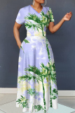 Blue Plants Print V Neck Short Sleeve Floor Length Casual Vacation Maxi Dresses