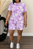 Khaki Casual Abstract Print Round Neck Short Sleeve T-shirt and Shorts Two Pieces Sets