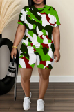 Khaki Casual Abstract Print Round Neck Short Sleeve T-shirt and Shorts Two Pieces Sets