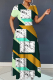 Black Graphic Print V Neck Short Sleeve Floor Length Casual Outing Loose Fit Maxi Dresses
