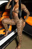 Leopard Print Long Sleeve Cut-Out Front Night Out Skinny Jumpsuit