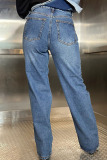 Blue Casual Solid Color Ripped High Waist Straight Denim Jeans