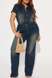 Dark Blue Shirt Collar Short Sleeve Buttton-Down Skinny Distressed Denim Jumpsuit