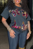 Black Sequins Butterfly Print O Neck Short Sleeve T Shirt and Shorts Casual Outings Two Piece Short Set