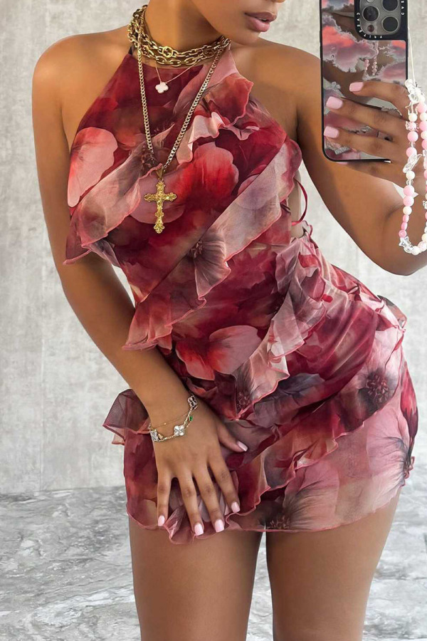 Red Off Shoulder Sleeveless Backless Ruffled Layared Vacation Outings Bodycon Floral Mini Dresses