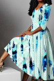 Light Blue V Neck Half Sleeve Casual Daily Twilled Satin Pleated Maxi Dresses