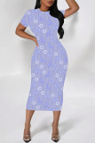 Blue Purple Colorblock Flowers Print O Neck Short Sleeve Casual Outings Bodycon T Shirt Maxi Dress
