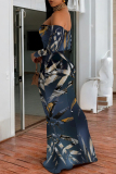 Purple Geometric Flowers Print Off Shoulder Long Sleeve Casual Outings Bodycon Maxi Dress