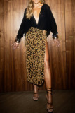 Golden Sexy Hot Leopard Cut Out Slit High Waist Party Club Long Straight Skirts