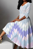 Light Blue V Neck Half Sleeve Casual Daily Twilled Satin Pleated Maxi Dresses