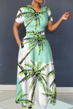 Blue Plants Print V Neck Short Sleeve Floor Length Casual Vacation Maxi Dresses