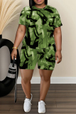 Khaki Casual Abstract Print Round Neck Short Sleeve T-shirt and Shorts Two Pieces Sets