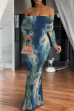 Purple Geometric Flowers Print Off Shoulder Long Sleeve Casual Outings Bodycon Maxi Dress