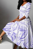 Light Purple Graphic Print V Neck Half Sleeve Casual Daily Twilled Satin Pleated Maxi Dresses