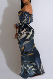 Purple Geometric Flowers Print Off Shoulder Long Sleeve Casual Outings Bodycon Maxi Dress