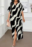 Blue V Neck Half Sleeve Front Slit Casual Outings Loose Maxi Dresses