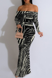 Black Zebra Print Off Shoulder Long Sleeve Casual Outings Bodycon Maxi Dress