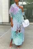 Yellow Graphic Print Turndown Collar Long Sleeve Button-Down Casual Daily Loose Shirt Maxi Dresses