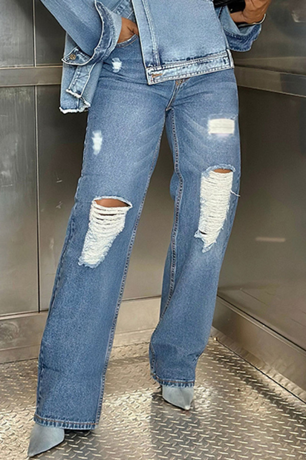 Blue Casual Solid Color Ripped High Waist Straight Denim Jeans