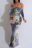 Purple Geometric Flowers Print Off Shoulder Long Sleeve Casual Outings Bodycon Maxi Dress