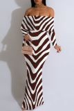 Black Zebra Print Off Shoulder Long Sleeve Casual Outings Bodycon Maxi Dress