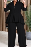 Black Zip-Up V Neck Long Sleeve Ruffled Top and Wide Leg Pant Office Lady Plus Size Two Piece Trouser Set