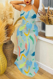 Lake Blue Graphic Print Off Shoulder Sleeveless Backless Spaghetti Strap Casual Vacation Maxi Slip Dresses