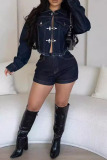 Dark Blue Turndown Collar Long Sleeve Zipper Hasp Denim Jacket and Shorts Casual Outing Two Piece Jean Short Set