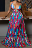 Multicolor Graphic Print Sleeveless Backless Cut-Out Waist Floor Length Boot Cut Casual Vacation Maxi Slip Dresses