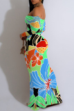 Purple Geometric Flowers Print Off Shoulder Long Sleeve Casual Outings Bodycon Maxi Dress