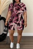 Khaki Casual Abstract Print Round Neck Short Sleeve T-shirt and Shorts Two Pieces Sets